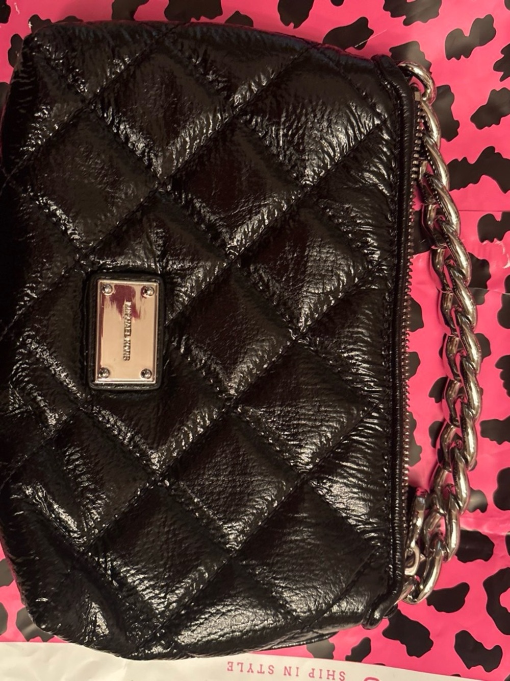 Michael Kors Black Quilted Wristlet with Silver Chain Strap